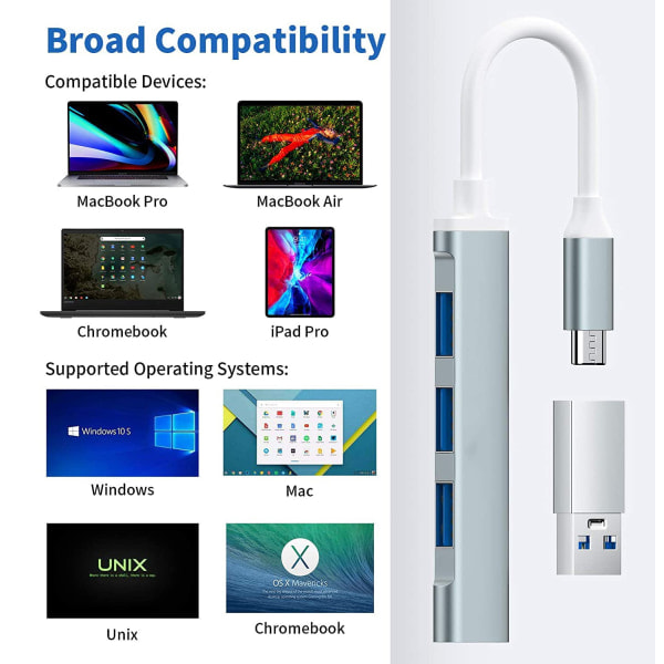 USB-C Hub Multiport Adapter Kompatibel med Windows 10/8/7/Vista/XP/MacBook/Pro/Air/MateBook/Notebook/Samsung GalaxyBook/Telefoner, Grå