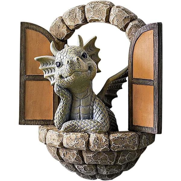 Vacker innergård Dinosaurie Skulptur Väggdekoration, Väderbeständig Hartsstaty Miniatyrer Liten Drake Mediterar