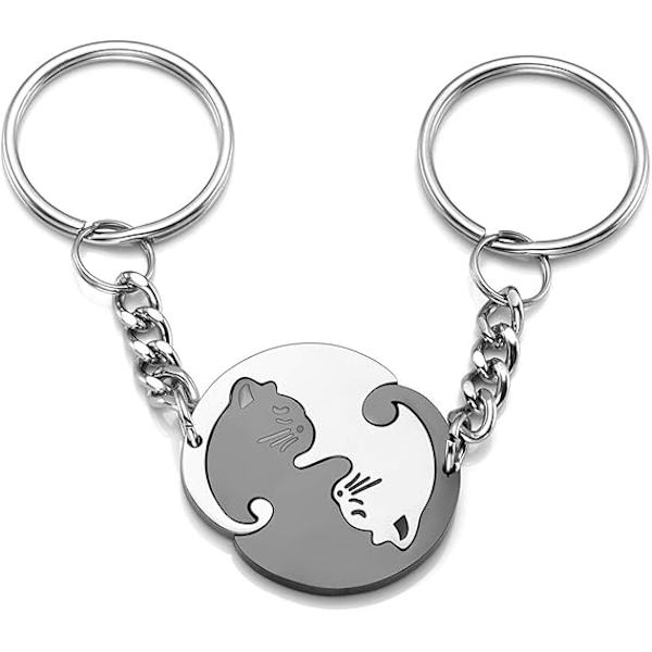 Par Keyrings Yin Yang Kat Nøglering Rustfrit Stål 2 stk Puslespil Katte Nøglering til Ham og Hendes Venner Valentinsgave