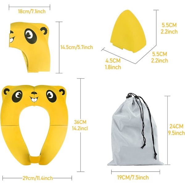 Rejse-Toilettræningssæde til Småbørn, Bærbar Toilettræningssæde til Børn, Foldbart Toilettræningssæde i ABS-Materiale med 8 Anti-Skrid Sikkerhedspuder og 1 Bærepose Yellow Panda