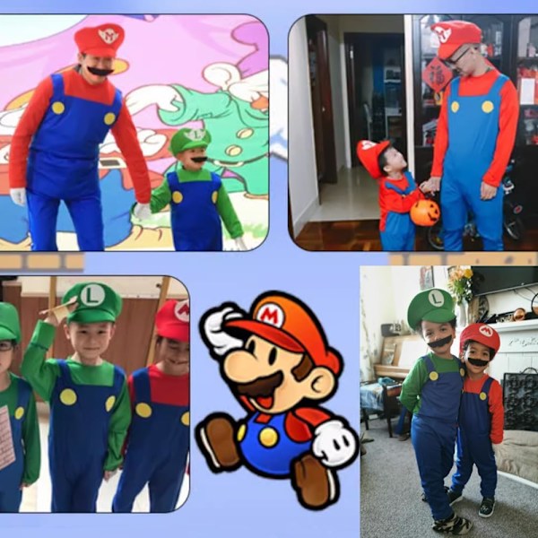 Kostym för barn 3-12, Mario och Luigi kostym spel outfit fancy dress up jumpsuit body med hatt handskar mustascher （GRÖN，M)