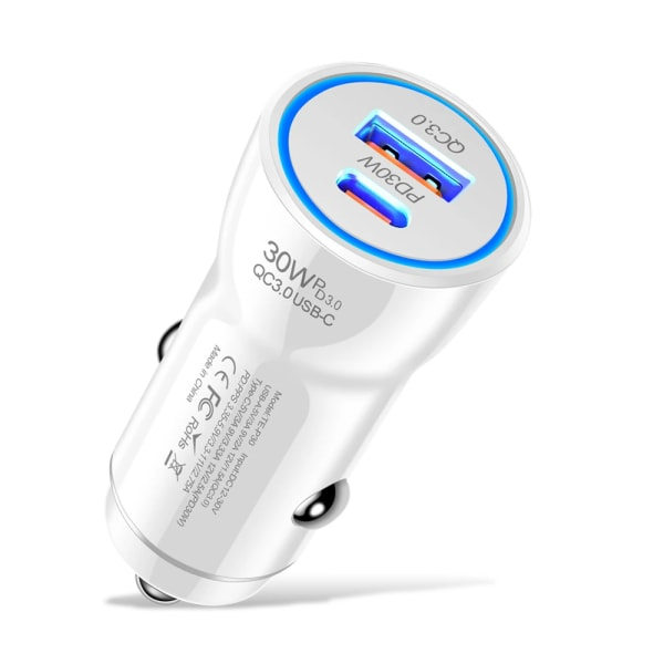 30W PD QC 3.0 Snabbladdare för Bil, USB C Laddning för Apple iPhone 12 13 14 15 Pro/Max/Plus Samsung Snabbladdare för Bil