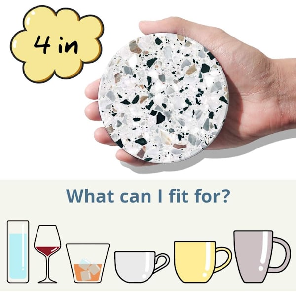 Coasters - Coasters Sæt af 6 - Marmor Coasters Keramik - Coasters med Holder og Kork Base, til Kvinder Mænd til Forskellige Kopper, Borde & Hjemmeindretning, 4 '' Terrazzo