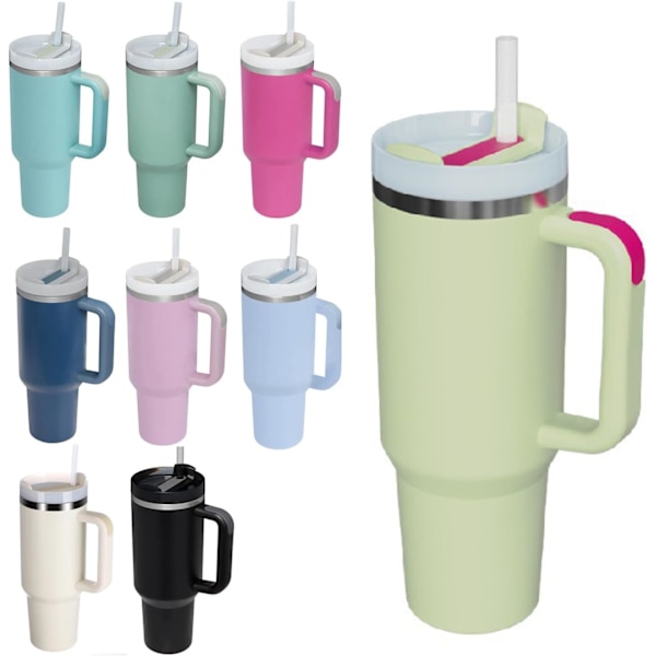 40 oz Tumbler med handtag och sugrör lock isolerad återanvändbar rostfritt stål vattenflaska rese mugg iskaffe mugg（Lime Green）