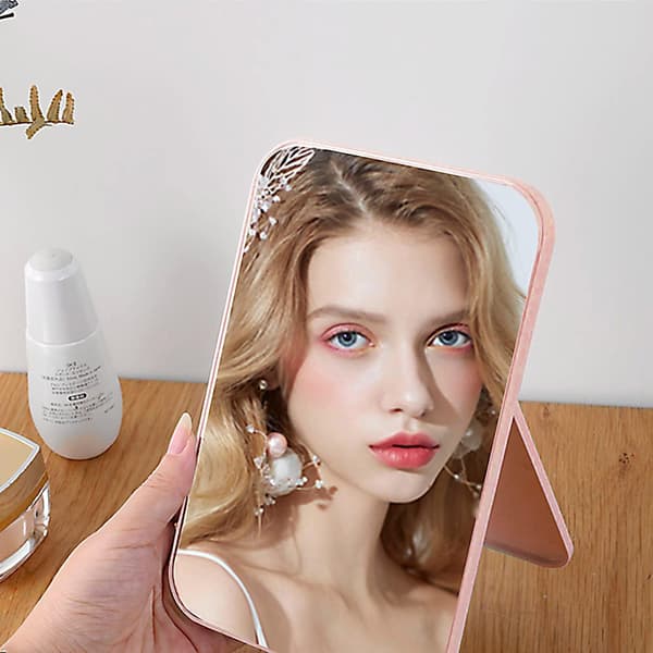 Makeup Spejl, Foldbar Desktop Vanity Spejl Bærbar Rektangulær Makeup Spejl til Rejser Camping Hjem (Pink)