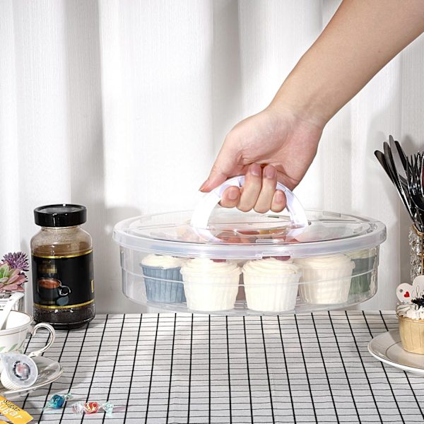 Plastboks for kake og pizza, klar, 30 cm rund, med lokk og håndtak, bærbar oppbevaring for cupcakes og desserter