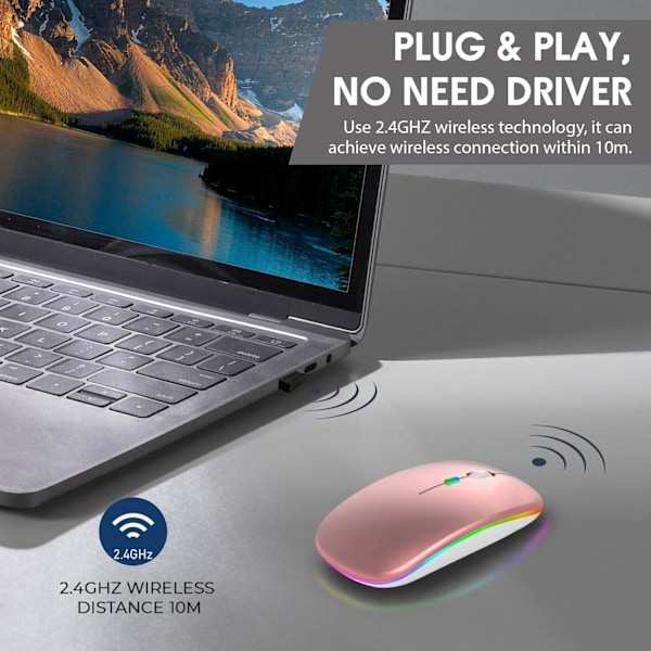 LED Trådløs Mus, Slank Genopladelig Trådløs Lydløs Mus, 2.4G Bærbar USB Optisk Trådløs Computermus med USB Modtager til Notebook, PC, Laptop Rose Gold