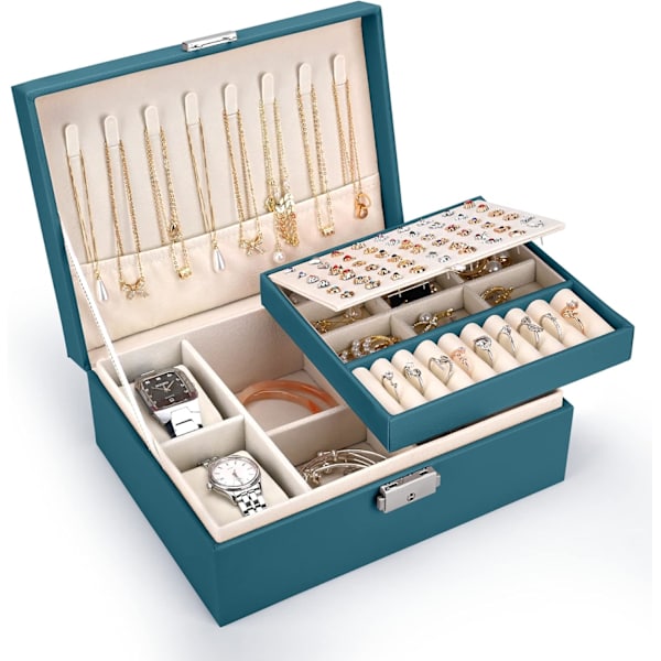 2-lags Stor Smykke Organiser Box, PU Læder, Smykke Organiser til Øreringe Ringe Halskæder Ure Armbånd Green