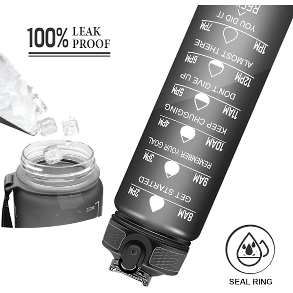 1 liters vattenflaska med sugrör, tidsmarkeringar Motiverande sportvattenflaska för fitness, utomhus, cykling, gym, skola BIack