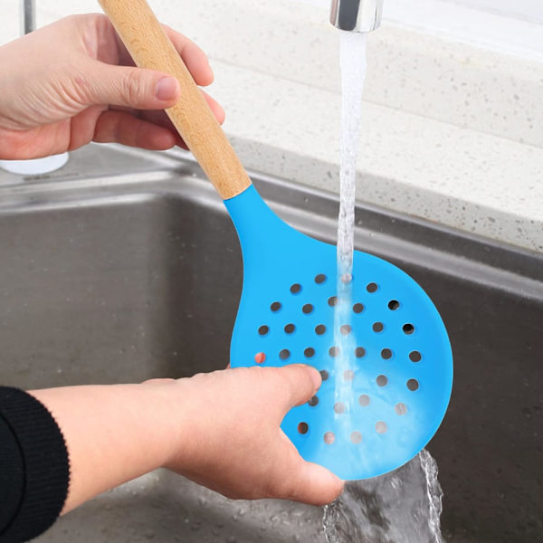 Köksslev sil, stor slitsad sked med hög värmebeständig BPA-fri non-stick matlagning skimmer för dränering, stekning (himmelsblå)