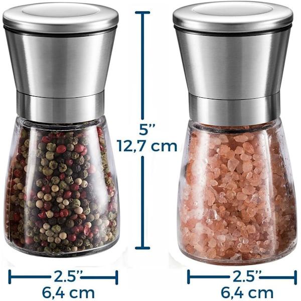 Suola- ja pippurimyllysetti - Premium-luokan ruostumattomasta teräksestä valmistettu suola- ja pippurimylly, lasirunko, säädettävä paksu harjattu pippurimylly