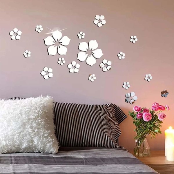 3D Spejlvægsklistermærker, Vægsticker, Sølvblomster, Vægsmykning Sølv Vægsticker til Stue, Soveværelse