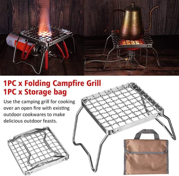Foldbar Lejrgrill i Robust 304 Rustfrit Stål - Campinggrillrist med Ben og Bærepose