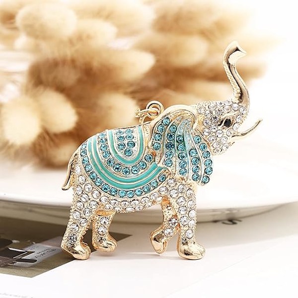 Lyckliga Elefant Nyckelringar Opal Rhinestone Söta Elefanter Nyckelringar Damväskor Berlock Kristall Nyckelring Dam (Blå)