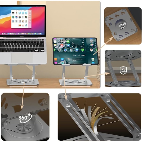 Laptopstativ för skrivbord, justerbart aluminiumstativ med 360° roterande bas, hopfällbar ergonomisk höjare, bärbar hållare kompatibel