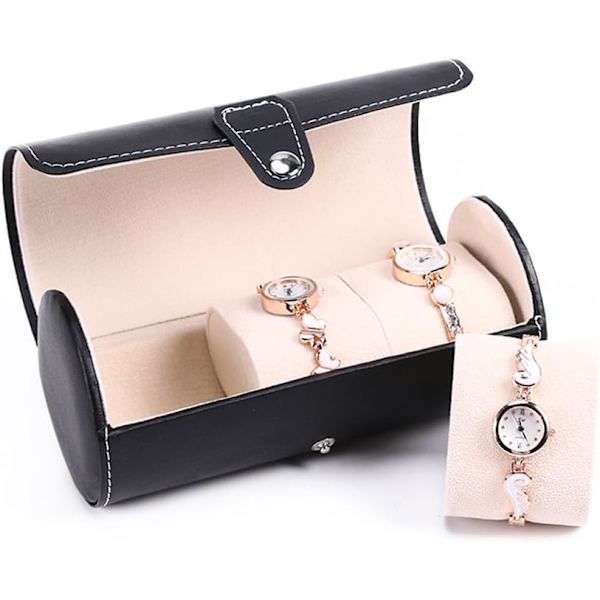 PU Læder Rulle Rejse Urboks Holder Organizer Opbevaringskasse 3 Gitter til Ure eller Armbånd, Sort Brown