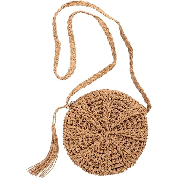 Halm axelväska för kvinnor, strand rund halm crossbody väska med tofs, väva handgjord handtag tote väska med dragkedja, sommar strand halm handväskor Brown