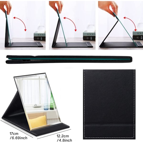 Bærbar Foldbar Makeup Spejl Sort PU Læder Rejse Spejl med Stativ Skrivebord Vanity Spejl til Rejser Camping (17 * 12,2 cm)