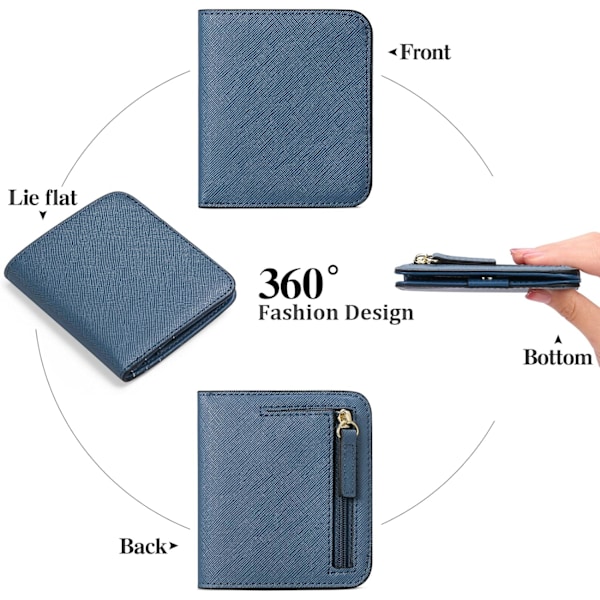 Kvinnors plånbok blockerande läder kompakt bi-fold plånbok för kvinna dragkedja myntficka liten dam plånbok med ID-fönster Denim Blue