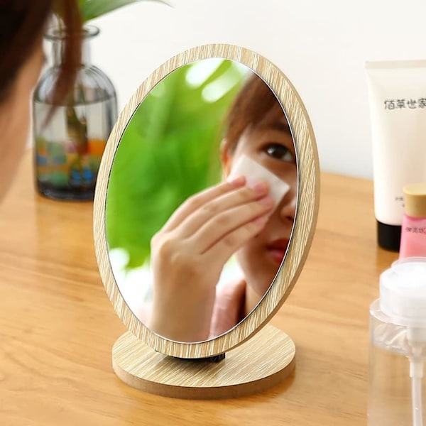 Rund Kompakt Bord Spejl Trærammet Skrivebords Spejl Lille Makeup Spejl Drejeligt Toiletbord Makeup Spejl til Kosmetik