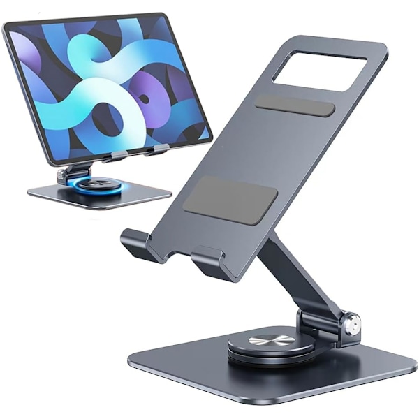 Tablet Stativ, Justerbar og Foldbar Aluminiumssvøvel Desktop Tablet Holder med 360 Graders Rotationsbase, Cradle Stativ