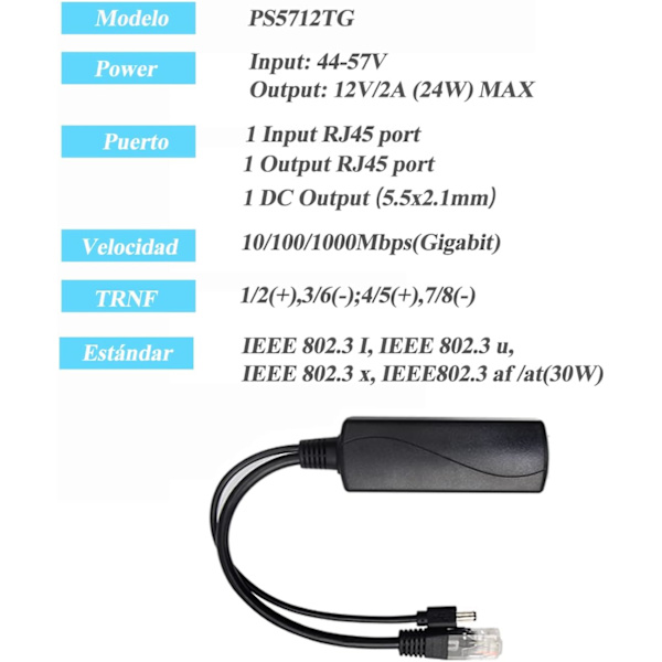 Gigabit PoE-splitter 12V 2A utgång med IEEE 802.3af/at-standardkompatibel 10,100,1000Mbps 5.5x2.1mm DC-kontaktkabel POE-splitteradapter