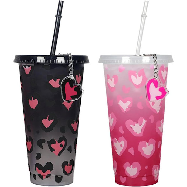 2 stk Valentinsdag Kopper Gjenbrukbare Plast Kopper med Lopp og Sugerør 710ML Fargeskiftende Kopper, Iskaffe Kopp Fest