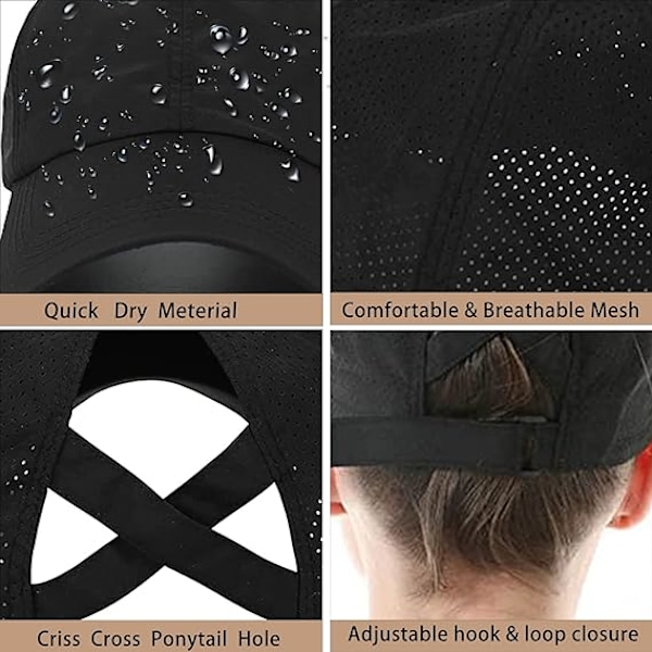 Baseballcaps for kvinner med hestehalehull, hurtigtørkende mesh-utendørs sportscaps med justerbar hestehalehull, reisehatt for sommeren Black