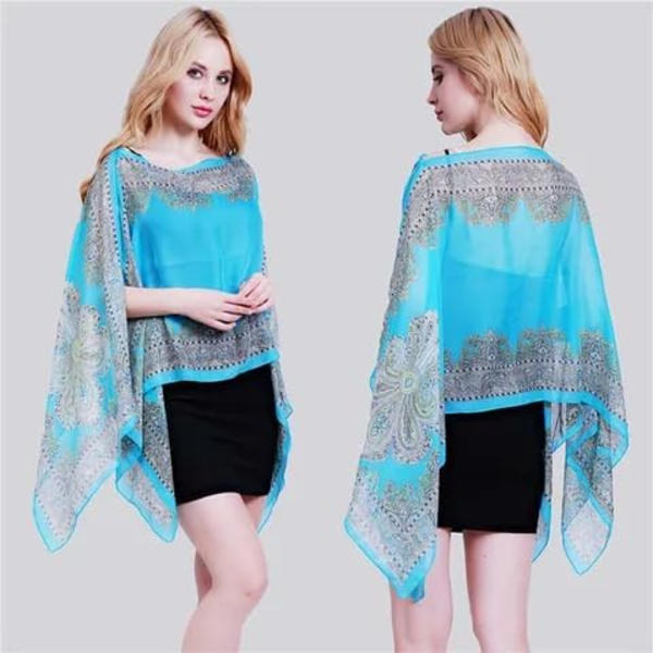 Kvinners stranddekke i chiffon, skjerf og sjal i paisley-design, strandkjole, badetøydekke (lyseblå)