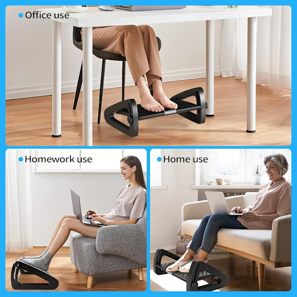 Fodstøtte til Kontor, Justerbar Højde Fodstøtte Under Skrivebord, Ergonomisk Fodskammel med Stor Rulle Massager til Kontor Black