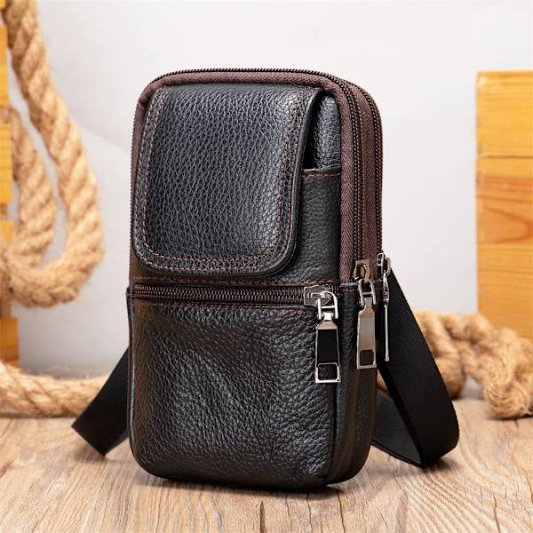 Mobiltelefon axelväska läder svart, herr mobiltelefon midjeväska med klämma, smartphone axelhölster läder crossbody