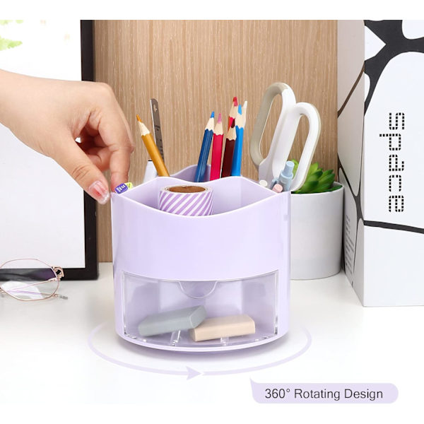Roterende Pen- og Blyantsholder, 4 Rum Pen Pot - Skrivebordsstationær Opbevaring Makeupbørsteholder til Hjem og Kontor Purple