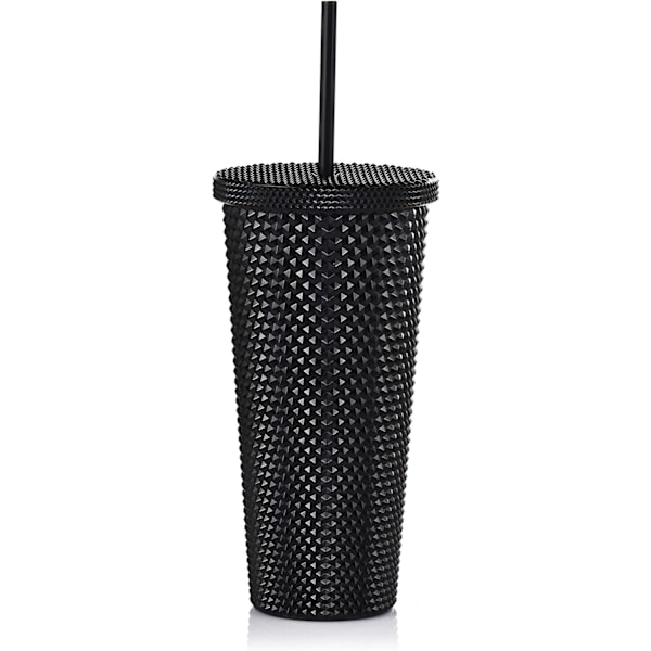 Studset Tumbler med Låg og Strå, Genanvendelig Kop med Strå og Låg, Plastik Vandflaske, Iskaffe Rejsekop - Sort