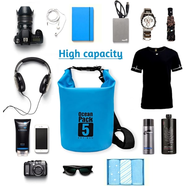Vanntett tørrpose 5L med skulderstropp, tørr kompresjonspose holder tørt og rent for fotturer, camping, svømming, båtliv