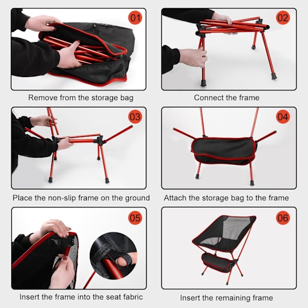 Ultralet Folding Campingstol, Udendørs Stole med Bærepose til Camping, Have, Fiskeri, Strand, BBQ - Rød