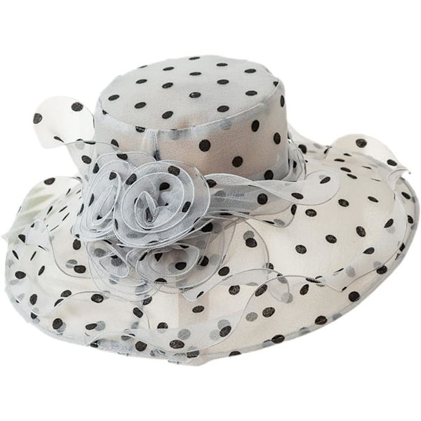 Kvinnors bredbrättade prickiga mesh spets derby kyrka hatt hopfällbar bröllop tebjudning solhatt med rosett White