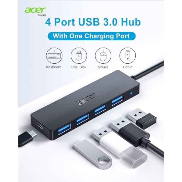 USB-hub, 4 porter, USB 3.0-hub, USB-C strømforsyning til bærbar PC, enkeltports USB-forlenger for bærbar PC, Windows, Linux, Acer PC