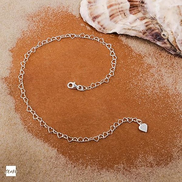 925 Fin Sterling Sølv Naturligt Justerbar Anklet - 3 mm Hjerte Kæde Ankel Armbånd - op til 9,5\" tommer - Fleksibel Pasform