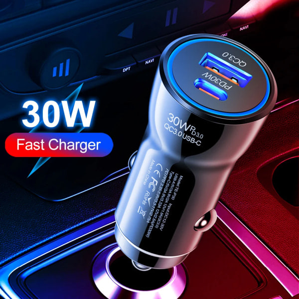 30W PD QC 3.0 Snabbladdare för Bil, USB C Laddning för Apple iPhone 12 13 14 15 Pro/Max/Plus Samsung Snabbladdare för Bil