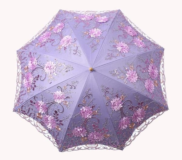 Dam Broderad Spets Dubbeldäck Anti-UV Parasol Paraply Sol/Regn/Snö Fällbart Paraply