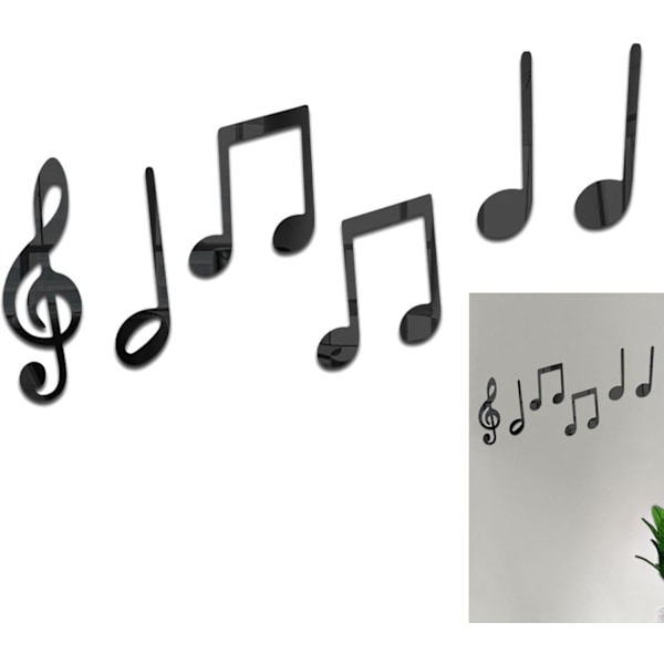 Musikknotestickere | Pakke med 6 akrylmusikkveggdekor-klistremerker, Kreativ musikkinspirert veggdekor, Limt speil Gold