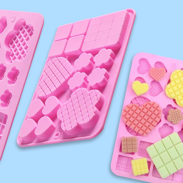 Silikoneforme i firkantet, hjerte- og blomsterform til fremstilling af chokolade, slik, 4 stk.
