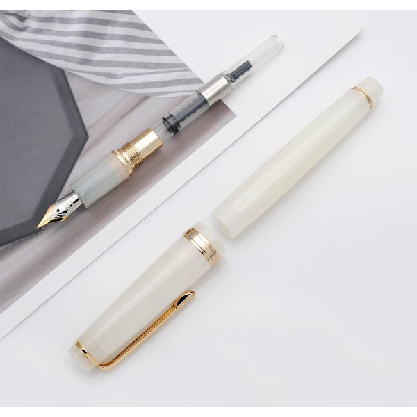 Celluloid Fyrfjerpen Akryl Blækpen med Blæk Konverter (Fin Nib, Guld Klips - Transparent Hvid)