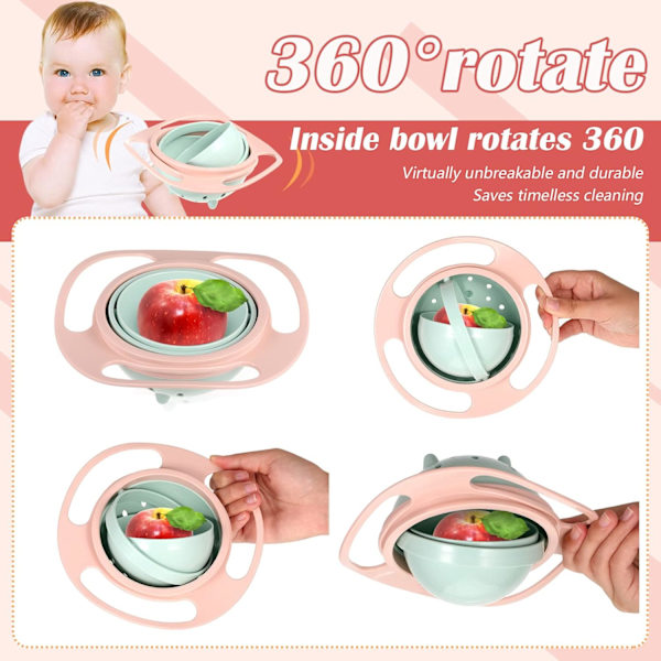 Gyro Bowl Anti Spill Bowl Smooth 360 Degrees Dining Entertaining, Bowl Sets,Toddler Bowls, Non Spill Feeding Toddler, 360 Rotation Gyroscopic Bowl Light Pink