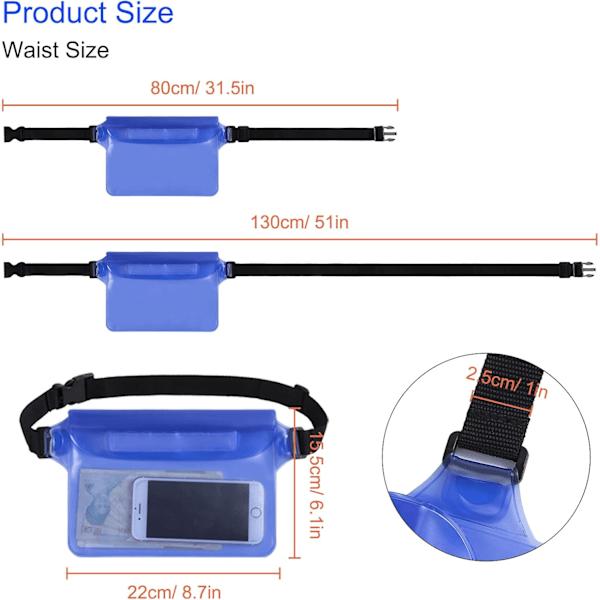Vandtæt Pose med Justerbar Talje Rem 2 Pak Skærm Berøringsfølsom PVC Talje Taske til Strand, Svømning, Sejlads, Fiskeri