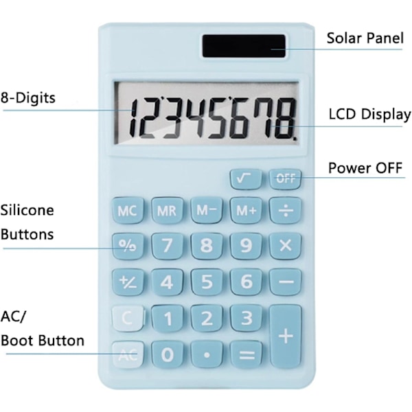 Miniregner, Lommeregner 8-cifret Solcelle Batteri, Skrivebordsregner til Kontor, Hjem & Skole Regner | Standard