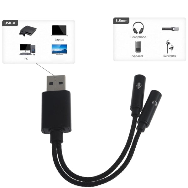 USB-3,5 mm -ääniadapteri USB-äänikortti 3,5 mm Aux-muuntimella kuulokkeille PC-kannettaville Linux-työpöydille Musta