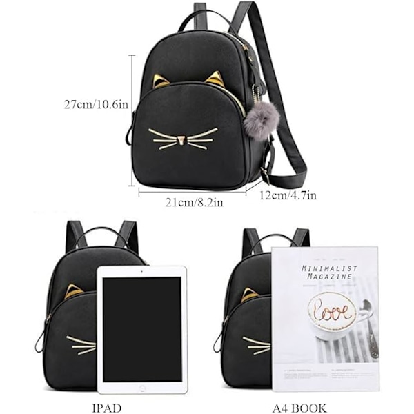 Cartoon Cat Mini Cute Ryggsäck Handväska för Kvinnor Fritid Liten Ryggsäck Dagryggsäck PU Läder Axelväska