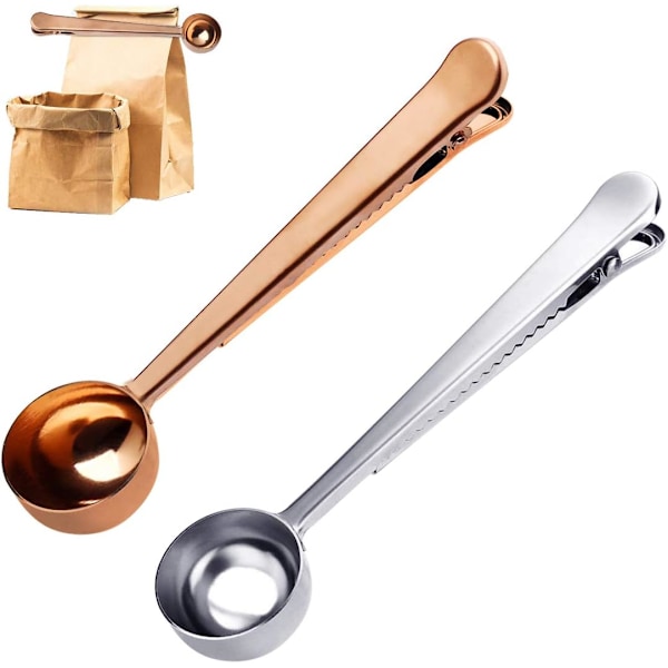 2 stk. Kaffeske med Poseclips, Rustfrit Stål Kaffe Måleske Malet Kaffe Forseglingsclips til Cafetiere Malet Kaffe