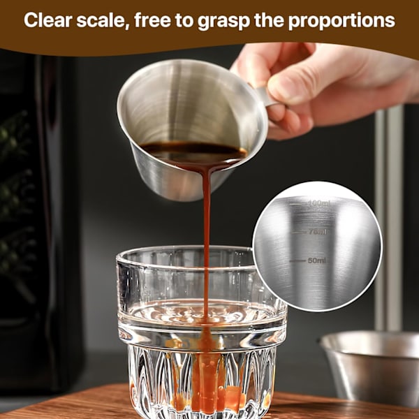 Espressokoppar, 2-pack rostfritt stål espressomätkopp med skalamarkering och örnnäbb, 100 ml espressohällningskopp Barista kaffeaccessoarer